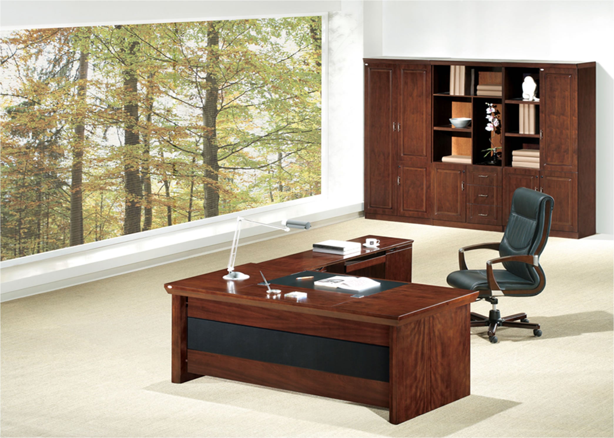 Real Walnut Veneer Executive Office Desk With Pedestal & Return - U57183-1800mm